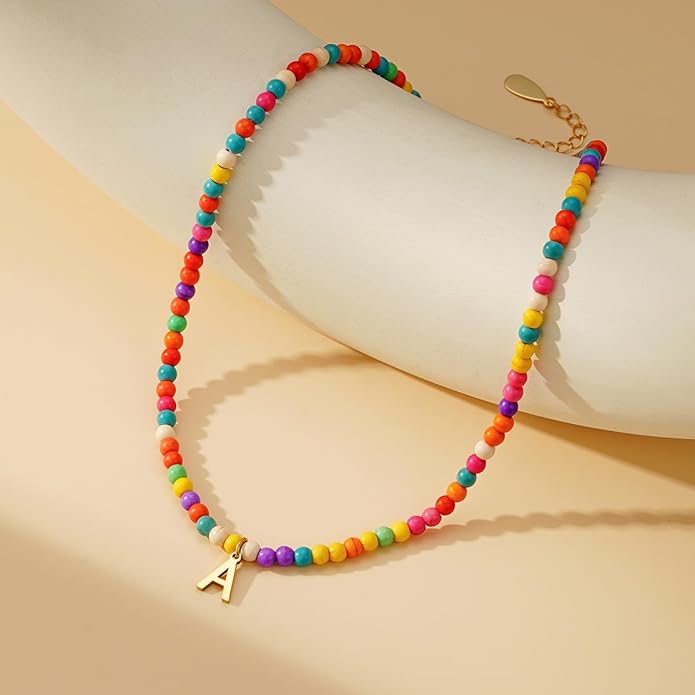 Eioi & Lmnm Colorful Initial Necklaces for Girls Women Kids - Teen Girls Gifts Trendy Beaded Initial Necklace Dainty Letter Gifts Choker Necklace for Girl Jewelry Kick Boosters
