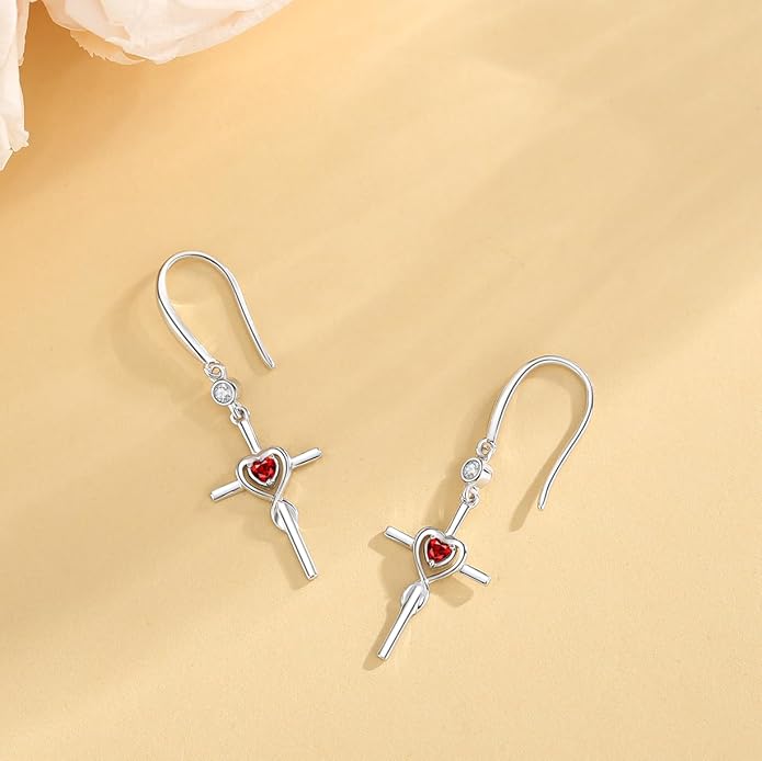 FANCIME Gift for Women Cross Dangle Drop Earrings 925 Sterling Silver Heart Birthstone Earring Fine Jewelry Birthday Gifts for Her Women FANCIME