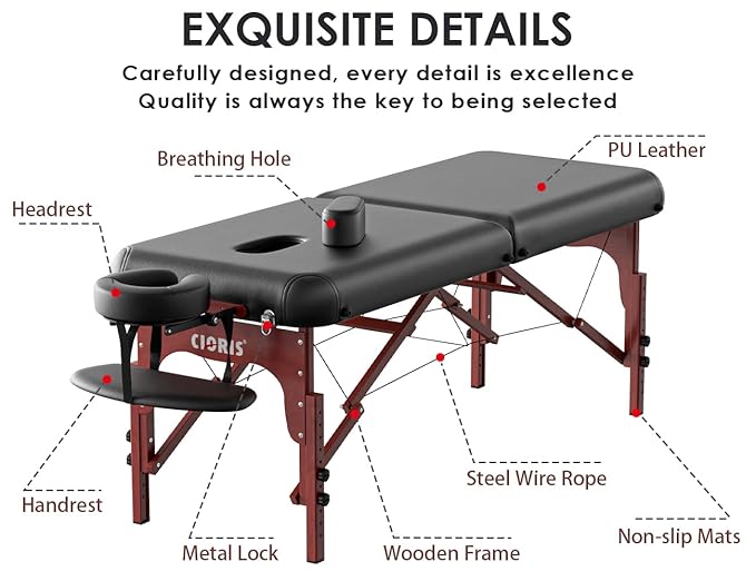 CLORIS 84" Professional Massage Table Portable 2 Folding Lightweight Facial Salon Spa Tattoo Bed Height Adjustable with Carrying Bag & Wooden Leg Hold Up to 1100LBS Black CLORIS-Direct