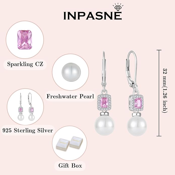 Pearl Drop Earrings Dangling 925 Sterling Silver Emerald Cut Leverback Earrings Birthstone Jewelry for Women INPASNE