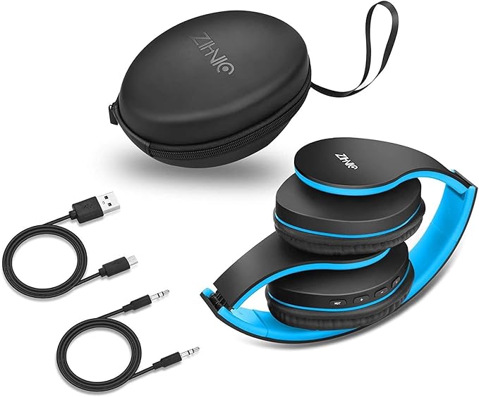 ZIHNIC Bluetooth Headphones Over-Ear, Foldable Wireless and Wired Stereo Headset Micro SD/TF, FM for Cell Phone,PC,Soft Earmuffs &Light Weight for Prolonged Wearing (Black/Blue) ENJOYMUSICLIFEWITHZIHNICHEADPHONES