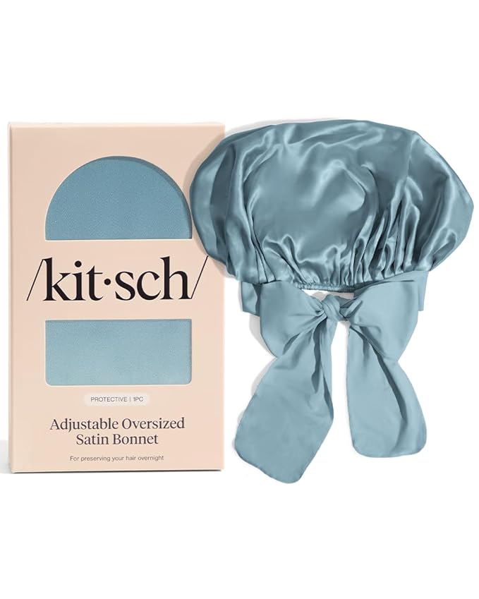 Kitsch XL Satin Bonnet for Sleeping - Softer Than Silk Hair Bonnet for Women - Secure Fit, Adjustable Night Cap for Curly & Textured Hair - Prevents Breakage, Tangles & Thinning- Haze Blue Kitsch
