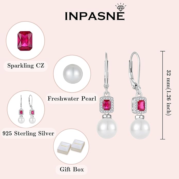 Pearl Drop Earrings Dangling 925 Sterling Silver Emerald Cut Leverback Earrings Birthstone Jewelry for Women INPASNE