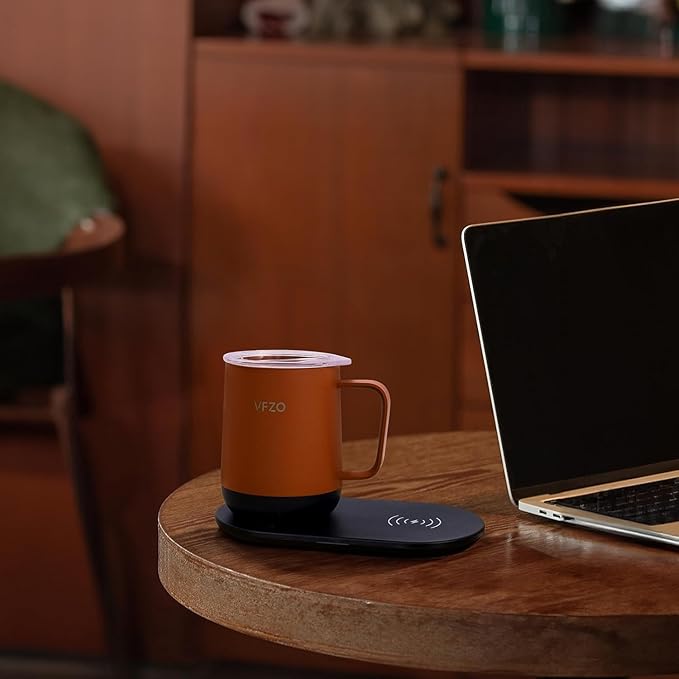 Temperature Control Smart Mug, Self Heating Coffee Mug LED Display, 180 Min Battery Life - Hot up to 149℉ Fast Wireless Charger Base Improved Design coffee serving sets (12oz, Orange) VFZO