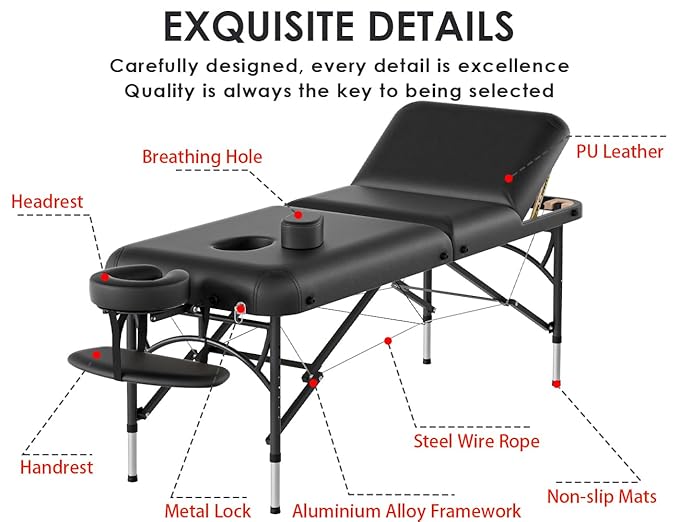 CLORIS 84" Professional Massage Table Portable 3 Folding Lightweight Facial Salon Spa Tattoo Bed Height Adjustable with Carrying Bag & Aluminium Leg Hold Up to 1100LBS CLORIS-Direct