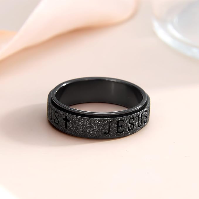 Fidget Spinner Anxiety Ring for Women: Fidget Toys Adults Cute Jesus Thumb Ring Stainless Steel Gold Silver Size 5 6 7 8 9 10 (Black, 5)