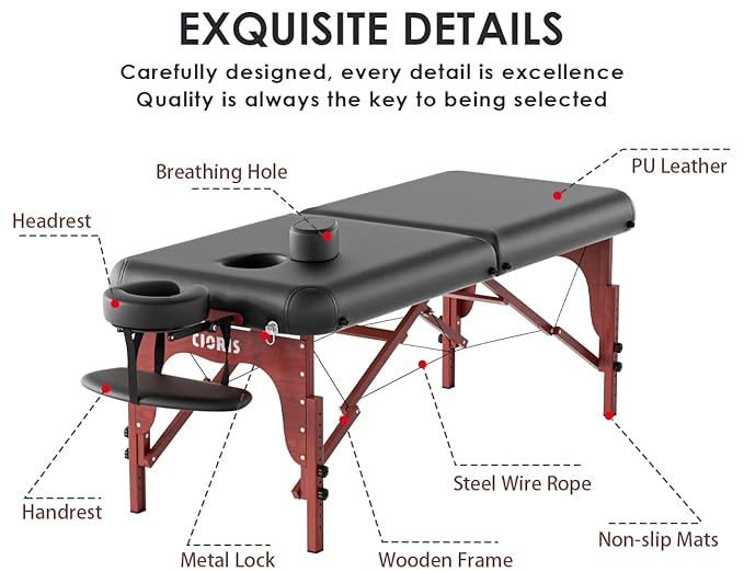 CLORIS 84" Professional Massage Table Portable 2 Folding Lightweight Facial Salon Spa Tattoo Bed Height Adjustable with Carrying Bag & Wooden Leg Hold Up to 1100LBS Black Widen CLORIS-Direct