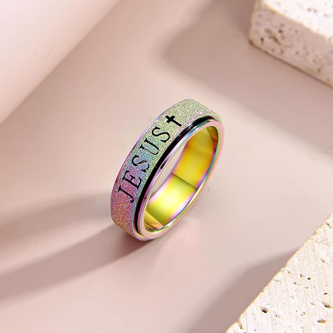 OreilleStar Fidget Spinner Anxiety Ring for Women: Fidget Toys Adults Cute Jesus Thumb Ring Stainless Steel Gold Silver Size 5 6 7 8 9 10 (Rainbow, 5)