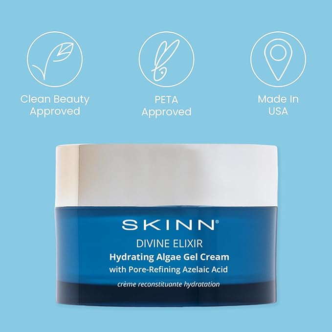 SKINN Moisturizer for Dry Skin, Divine Elixir Hydrating Algae Gel Cream (1.7 Fl Oz) - Gel Moisturizer for Face & Body That Hydrates & Exfoliates Skin While Plumping Appearance - Help Reduce Fine Lines