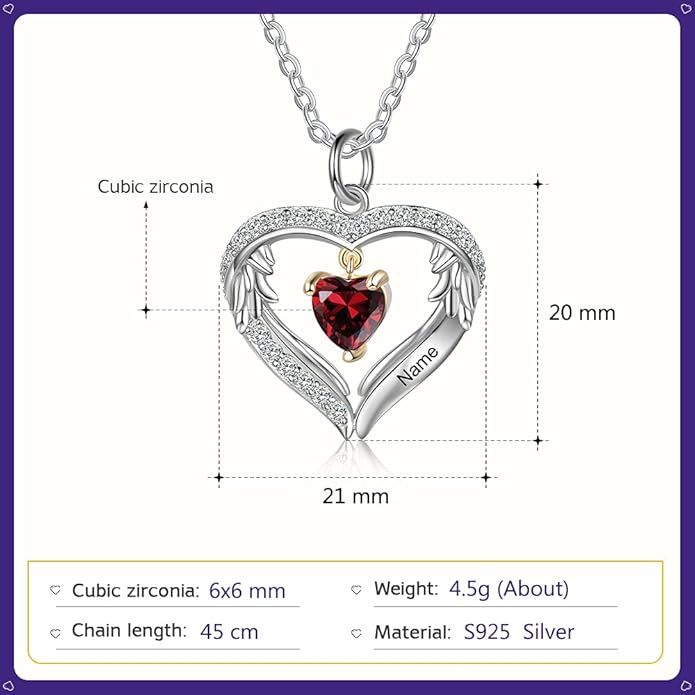 GLAMCARAT Personalized sterling silver pendant necklace with birthstone and name mothers jewelry heart shaped necklace for her birthstone necklace GLAMCARAT