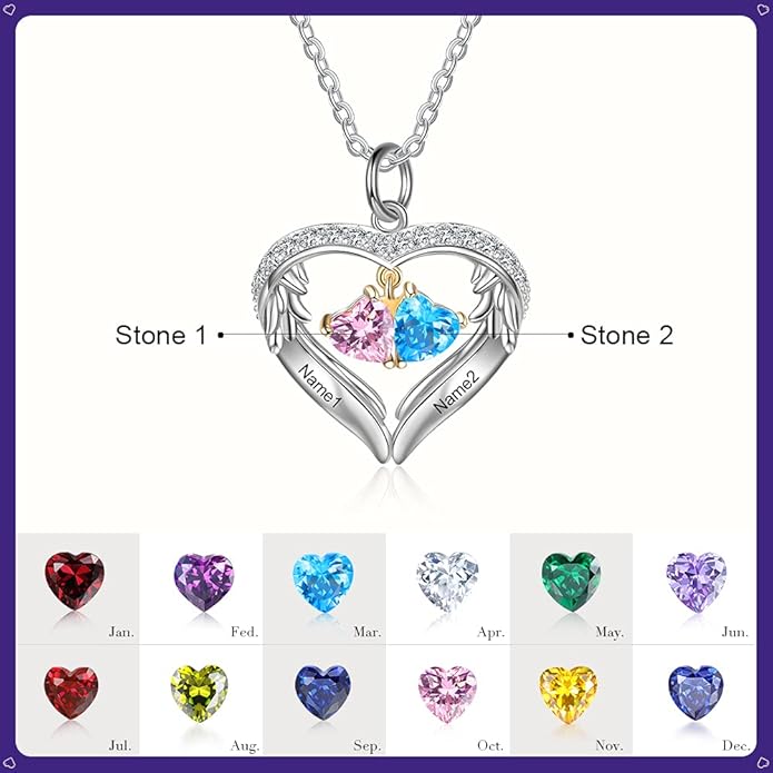 GLAMCARAT Personalized sterling silver pendant necklace with birthstone and name mothers jewelry heart shaped necklace for her birthstone necklace GLAMCARAT