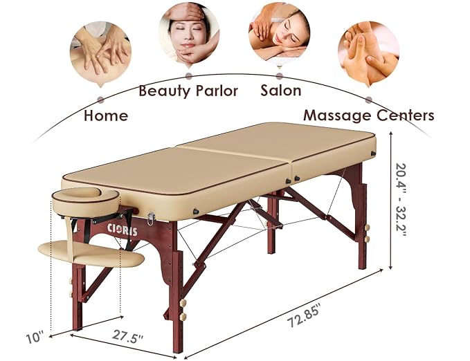 CLORIS 84" Professional Massage Table Portable Reinforced Wooden Leg Hold Up to 1100LBS 2 Folding Lightweight Spa Solon Tattoo Massage Bed Height Adjustable with Carrying Bag CLORIS-Direct