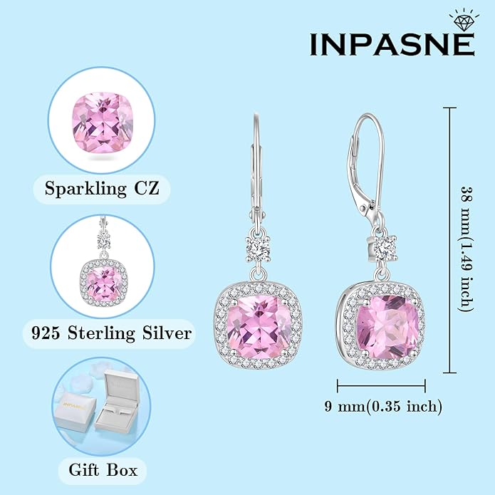Women Leverback Earrings 925 Sterling Silver Princess Cut Halo Earrings Birthstone Dangle Drop Earrings for Women Her Mom Wife INPASNE