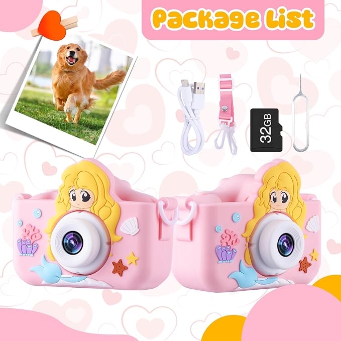 Camera for Kids Girls Age 3-8, Mermaid Toys Toddler Digital Camera Christmas Birthday Gifts for 3 4 5 6 7 8 Years Old Girl, Cute Selfie Video Camera, HD 1080P, 32GB SD Card EnvyvipLLC