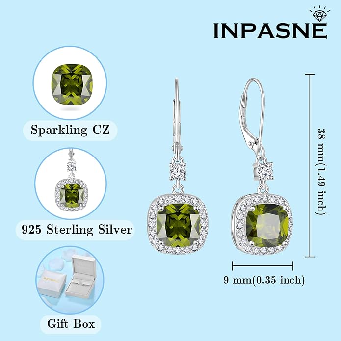 Women Leverback Earrings 925 Sterling Silver Princess Cut Halo Earrings Birthstone Dangle Drop Earrings for Women Her Mom Wife INPASNE