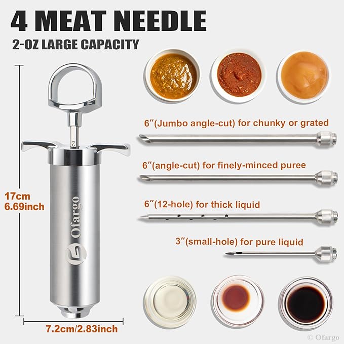 Ofargo Stainless Steel Meat Injector Syringe Kit with 4 Marinade Needles for BBQ Grill Smoker, Gifts for Men Dad Husband in Thanksgiving Christmas Day, 2-oz Large Capacity, Both Paper User Manual and E-Book Recipe GreatgiftsidealforThanksgivingandX-mas