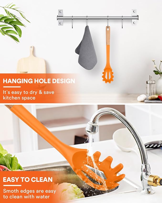 Silicone Pasta Fork, Kitchen Heat Resistant Noodle Spoon Server, BPA Free Spaghetti Strainer,12.8 inch (ORANGE) BADIANO