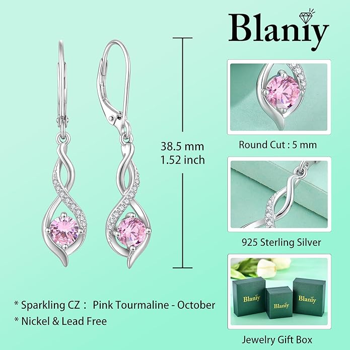 Infinity Dangle Drop Earrings for Women 925 Sterling Silver Leverback Earrings with Birthstone Jewelry Gifts for Women BlaniyJewelry