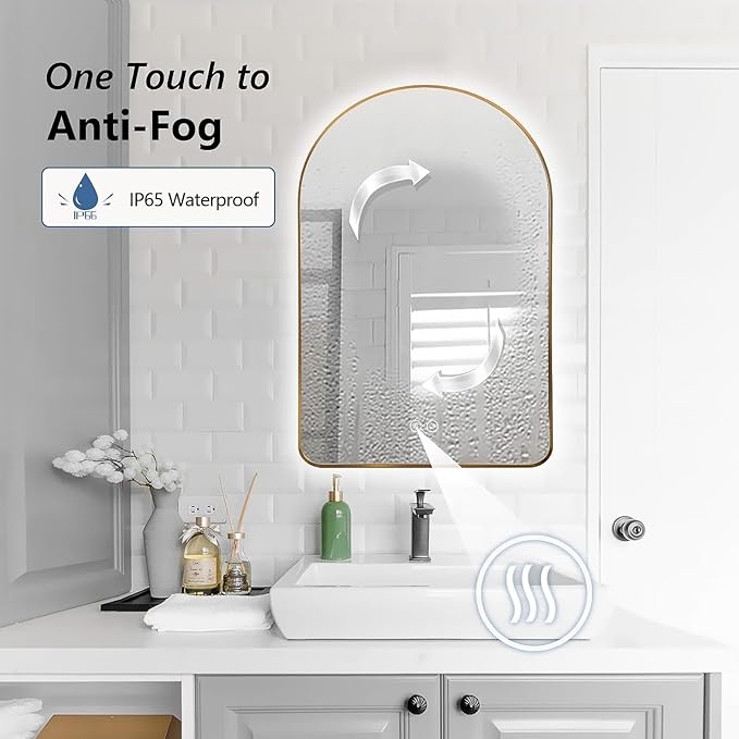 Niccy Arched LED Lighted Bathroom Mirror, 40x24 Inch Backlit Vanity Bathroom Mirror with Lights Brushed Gold Framed Wall Mounted Mirrors with 3 Color Shatterproof Arch Smart Fog Free Mirror Niccy