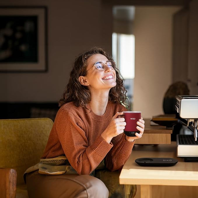 Temperature Control Smart Mug, Self Heating Coffee Mug LED Display, 180 Min Battery Life - Hot up to 149℉ Fast Wireless Charger Base Improved Design coffee serving sets (12oz, Burgundy) VFZO