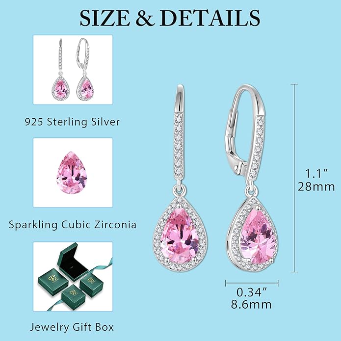 FJ Teardrop Dangle Drop Earrings 925 Sterling Silver Halo Leverback Earrings Birthstone Jewelry Gifts for Women FJ