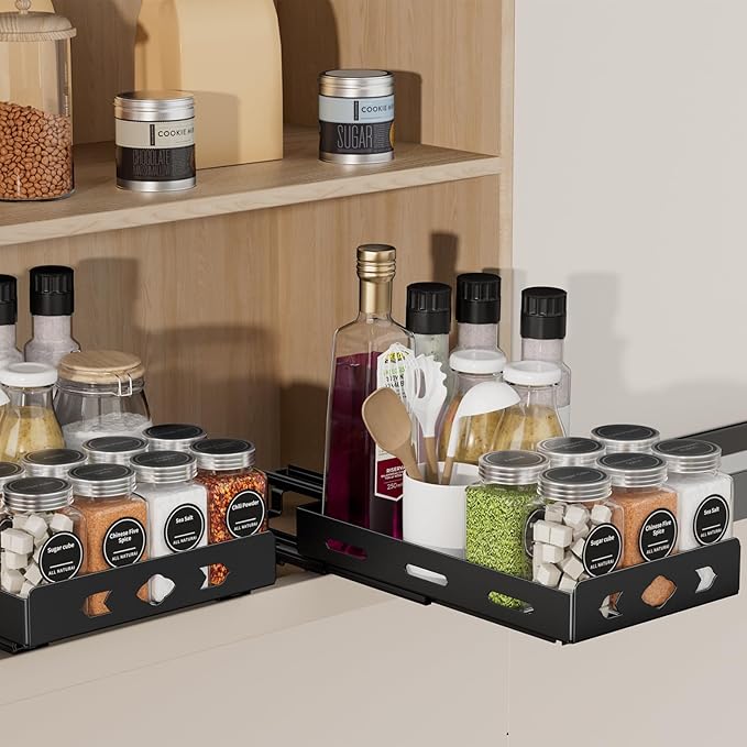 Pull Out Spice Rack Organizer for Cabinet, Heavy Duty-Slide Out Spice Rack, Vertical Spice Rack for Kitchen Cabinet and Pantry (6.3''Wx10.5''Dx2.8''H, Metal Black) BOIVSHI