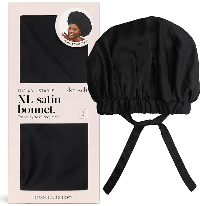 Kitsch XL Satin Bonnet for Sleeping - Softer Than Silk Hair Bonnet For Women - Secure Fit, Adjustable Night Cap For Curly & Textured Hair - Prevents Breakage, Tangles & Thinning - Black Kitsch