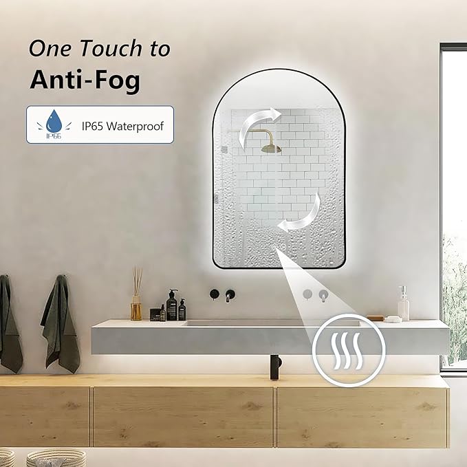 Niccy Arched LED Lighted Bathroom Mirror, 36x24 Inch Backlit Vanity Mirror with Lights Brushed Black Framed Wall Mounted Mirrors with Dimmable 3 Color Shatterproof Arch Smart Fog Free Mirror Niccy
