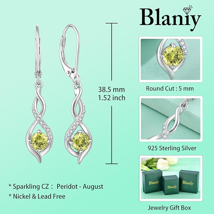 Infinity Dangle Drop Earrings for Women 925 Sterling Silver Leverback Earrings with Birthstone Jewelry Gifts for Women BlaniyJewelry