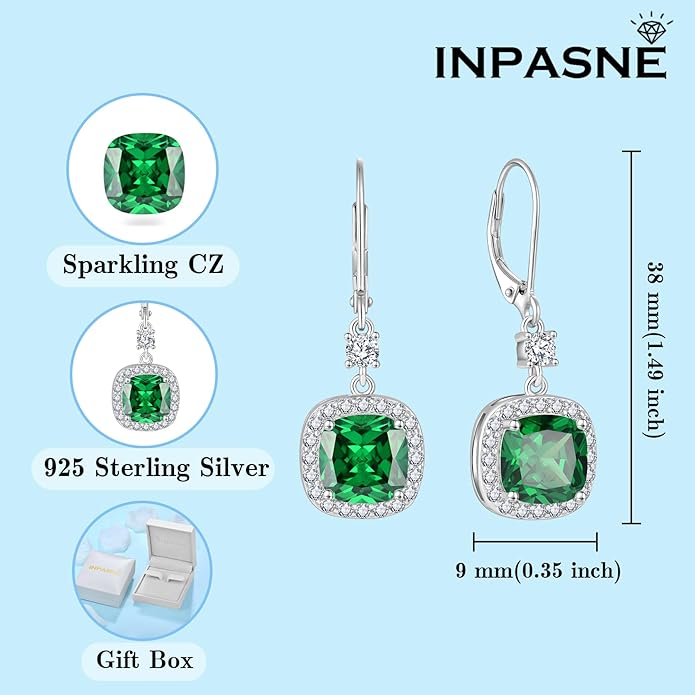 Women Leverback Earrings 925 Sterling Silver Princess Cut Halo Earrings Birthstone Dangle Drop Earrings for Women Her Mom Wife INPASNE