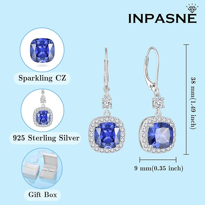 Women Leverback Earrings 925 Sterling Silver Princess Cut Halo Earrings Birthstone Dangle Drop Earrings for Women Her Mom Wife INPASNE