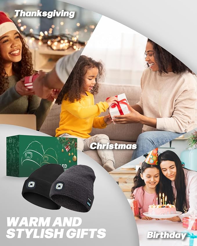 Bluetooth Beanie with Light, USB Rechargeable LED Headlamp Winter Hat, Christmas Stocking Stuffers Gifts for Men Women MOXTOYU