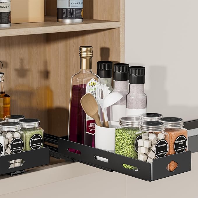 Pull Out Spice Rack Organizer for Cabinet, Heavy Duty-Slide Out Spice Rack, Vertical Spice Rack for Kitchen Cabinet and Pantry (4.2''Wx10.5''Dx2.8''H, Metal Black) BOIVSHI