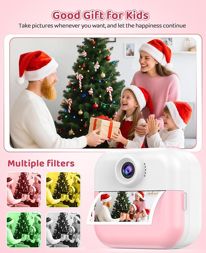 Instant Print Front Rear Dual Selfie Kids Camera for Kids Christmas Birthday Gifts for Girls Age 3-12 Portable Toys for 3 4 5 6 7 8 9 10 Year Old Girl with 32GB SD Card Digital Camera DITUPAN