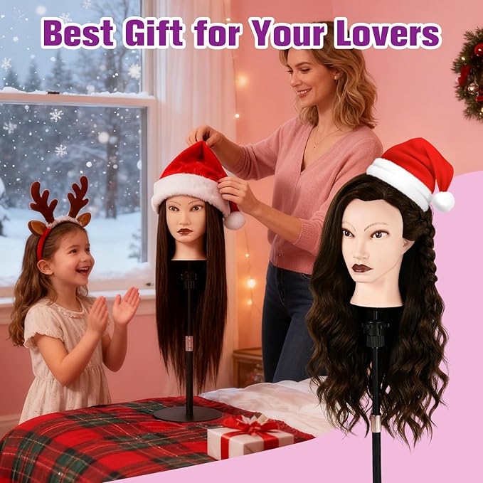 26" Mannequin Head Human Hair, Cosmetology Mannequin Head with 80% Human Hair, Practice Training Doll Head with Clamp Holder and Tools (Dark Brown) MYSWEETY