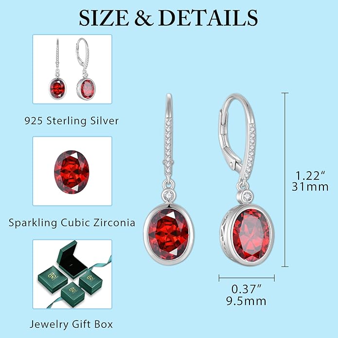 FJ Oval Cut Dangle Drop Earrings 925 Sterling Silver Leverback Earrings Birthstone Jewelry Gifts for Women FJ