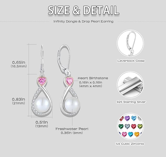 Heart Birthstone Pearl Earrings, 925 Sterling Silver Infinity Dangle Drop Leverback Earrings, 9mm Freshwater Cultured Pearl & 4mm Gemstone Jewelry Valentine's Day Gift for Women VESHONJEWELRY