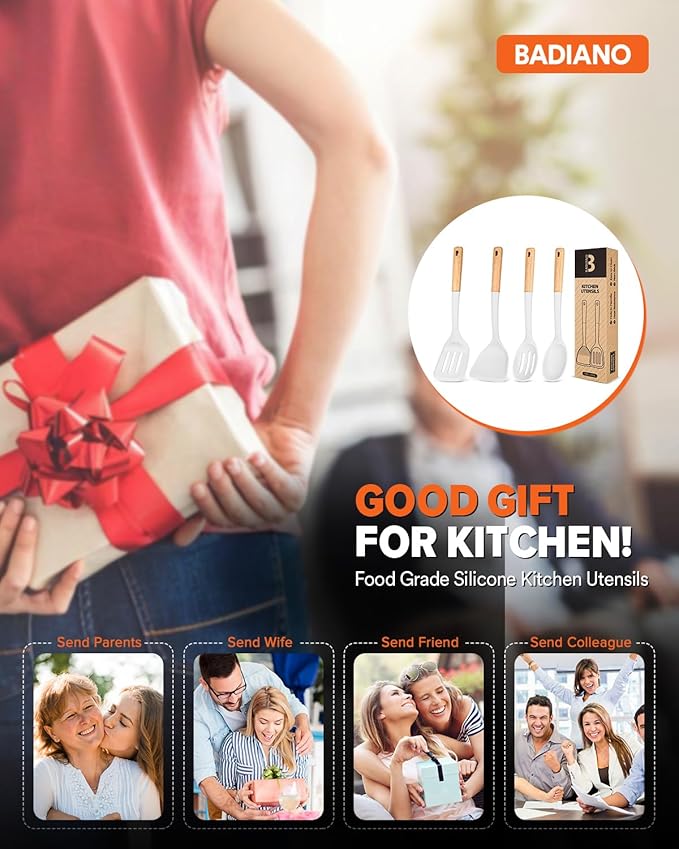 Silicone Cooking Utensils Set, Perfectly Angled for Frying, Mixing,Serving,Draining,Turning and Stirring, BPA-Free Matte Silicone, Wood Handles, Safe for Nonstick Cooking Surfaces,4 Pack (White) BADIANO