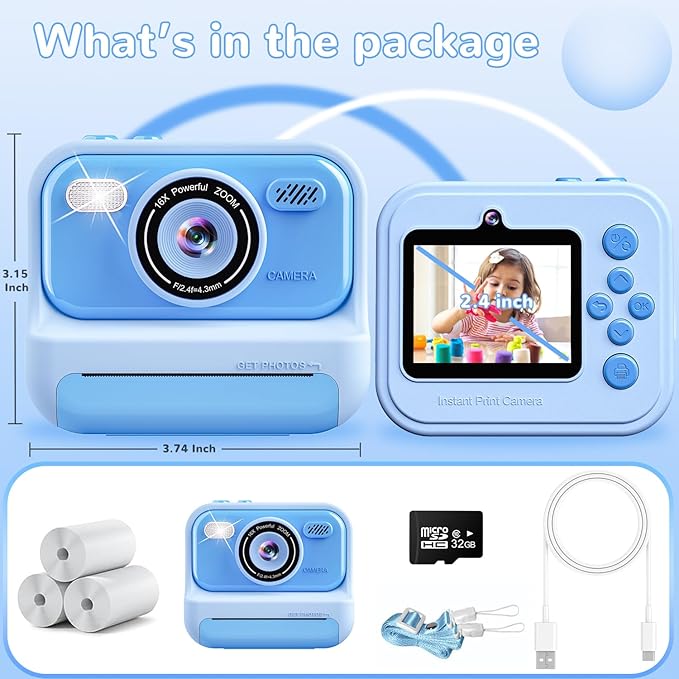 Kids Toys Instant Print Camera,2.4 Inch Screen Kids Instant Cameras, Christmas Birthday Gifts for Girls Age 3-12, Portable Toddler Toy for 3 4 5 6 7 8 9 10 Year Old Girls Boys Eaever