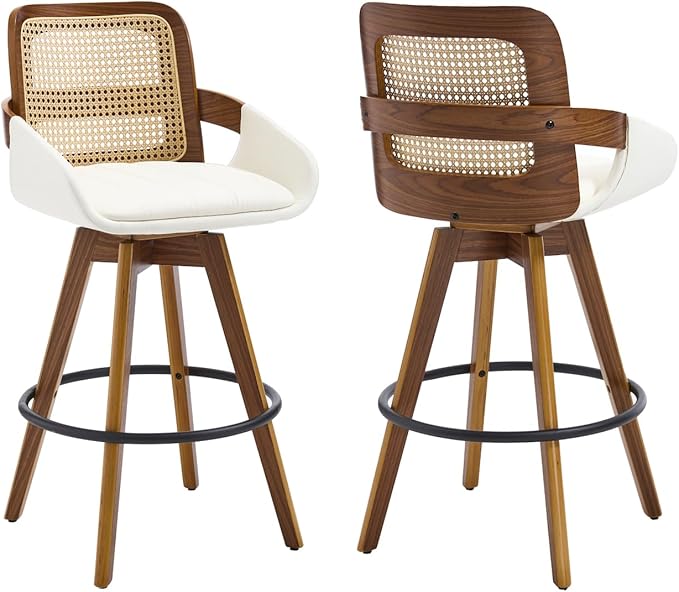 Swivel Bar Stools Set of 2, Faux Leather Counter Height Bar Stools with Arms and Rattan Back, 26" Seat Height Upholstered Bar Chairs with Bentwood Frame for Kitchen Island Bar - Beige VipDesk
