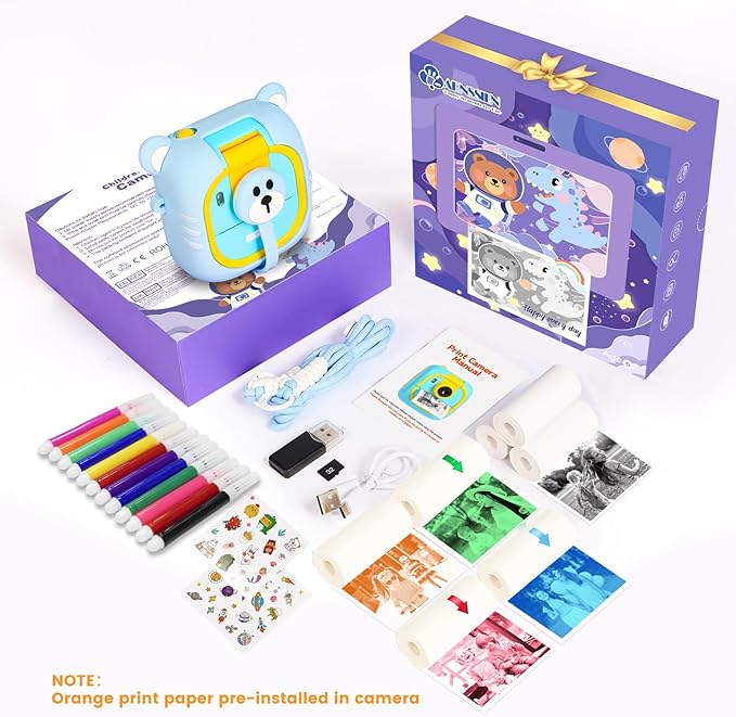 Kids Camera Instant Print, 7 Print Paper (4 Color: O/R/G/B+3 B&W), 2.4" Screen Instant Camera for Kids Ages 3-12,1080P, 180°Flip Lens,32GB Card- Christmas Birthday Present for Boys & Girls,M2 ARNSSIEN