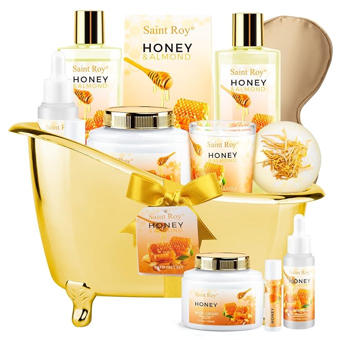 Christmas Gifts for Women Bath & Body Gift Set, Luxury Home Spa Bath Gift Basket, Honey Almond Scented Bath Set, Pamper Gifts Birthday gifts & Teens, Spa Kit Gift, Home Spa Gifts for Men Dad SaintRoy