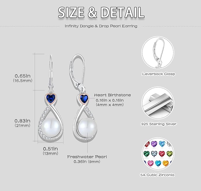 Heart Birthstone Pearl Earrings, 925 Sterling Silver Infinity Dangle Drop Leverback Earrings, 9mm Freshwater Cultured Pearl & 4mm Gemstone Jewelry Valentine's Day Gift for Women VESHONJEWELRY