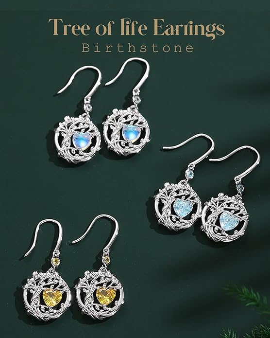 FANCIME Tree of Life Dangle Drop Earrings 925 Sterling Silver Dainty Round Gemstone Birthstone Earring Fine Jewelry Birthday Christmas Gifts for Her Women FANCIME