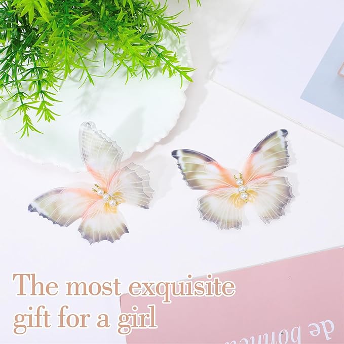 2Pcs Butterfly Hair Clips, Pearl Double Mesh Butterfly Clips, Moving Wings Butterflies Hair Barrette, Strong Hold Metal Butterflies Hairs Clip Fairy Accessories for Women Girls Kick Boosters