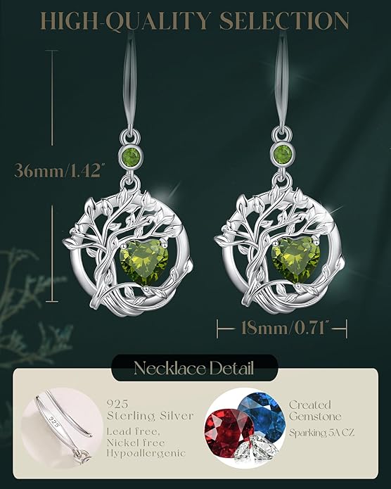 FANCIME Tree of Life Dangle Drop Earrings 925 Sterling Silver Dainty Round Gemstone Birthstone Earring Fine Jewelry Birthday Christmas Gifts for Her Women FANCIME