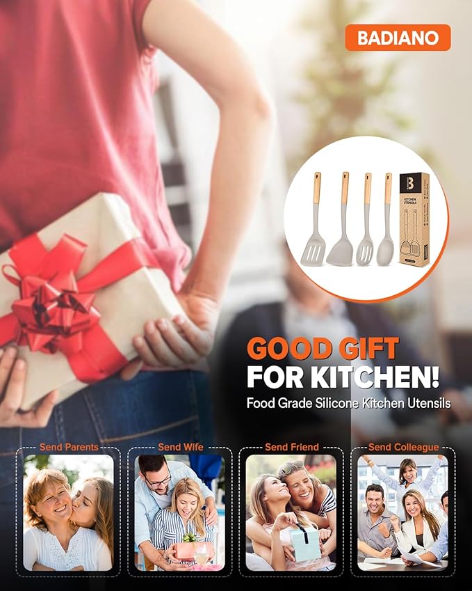 Silicone Cooking Utensils Set, Perfectly Angled for Frying, Mixing,Serving,Draining,Turning and Stirring, BPA-Free Matte Silicone, Wood Handles, Safe for Nonstick Cooking Surfaces,4 Pack (Khaki) BADIANO