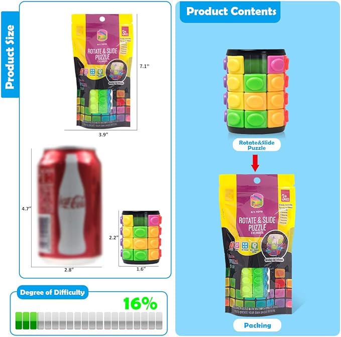 R.Y.TOYS Rotate and Slide Puzzle-Design Patent,Fidget Toys(Restore Order/Create Patterns) 8 Colors,4 Layers-Detach Piece for Quick Play,Brain Teaser,Sensory Toys,Birthday Gifts,Stocking Stuffers