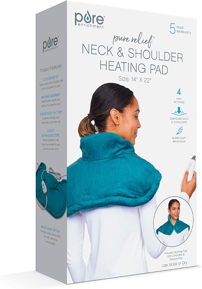 Pure Enrichment PureRelief Neck & Shoulder Heating Pad - 4 Heat Settings, Auto Shut-Off, Universal Fit, Magnet Closure, Soft Micromink, Storage Bag, 5-Year Warranty, Machine Wash (Turquoise Blue) PureEnrichment