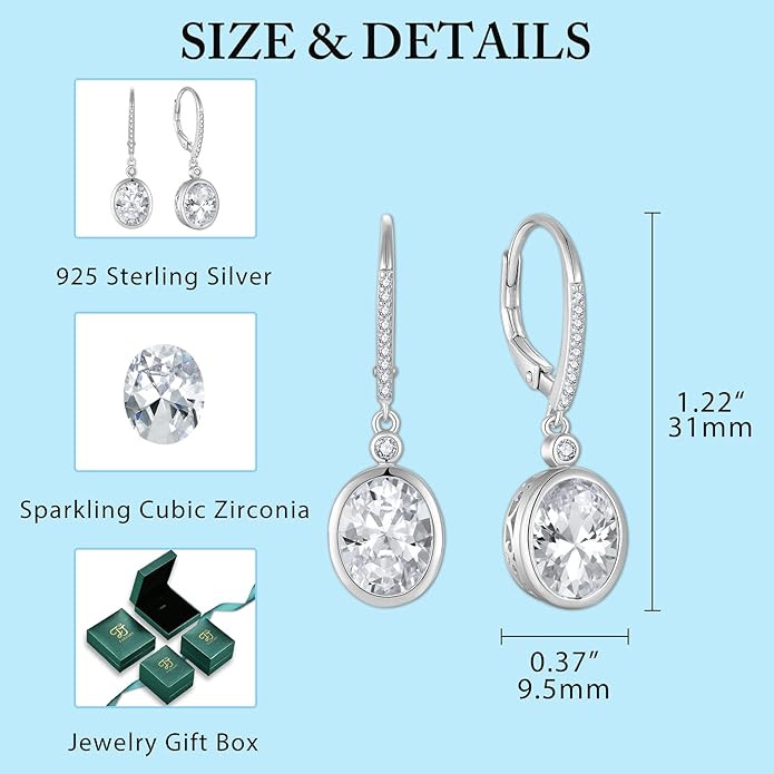 FJ Oval Cut Dangle Drop Earrings 925 Sterling Silver Leverback Earrings Birthstone Jewelry Gifts for Women FJ